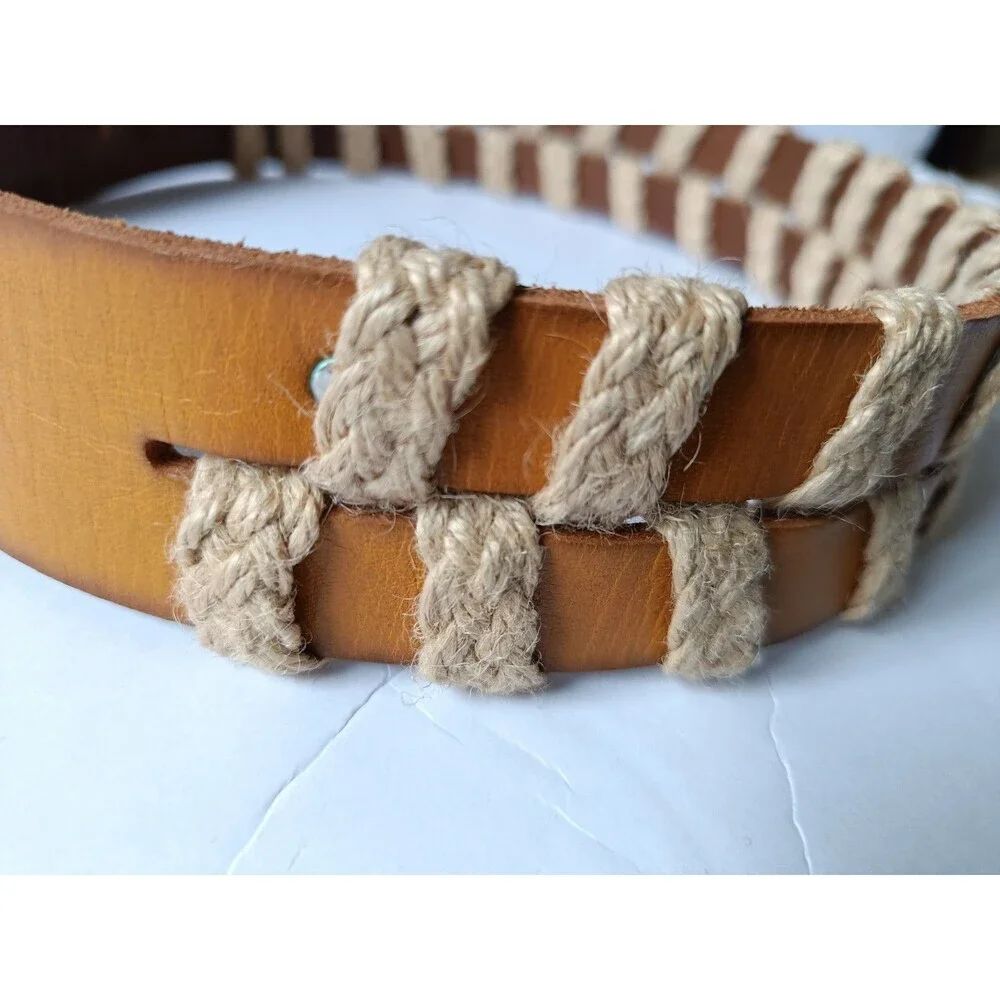 Linea Pelle Large Tan Leather Belt Silver Bohemian Eclectic Contemporary